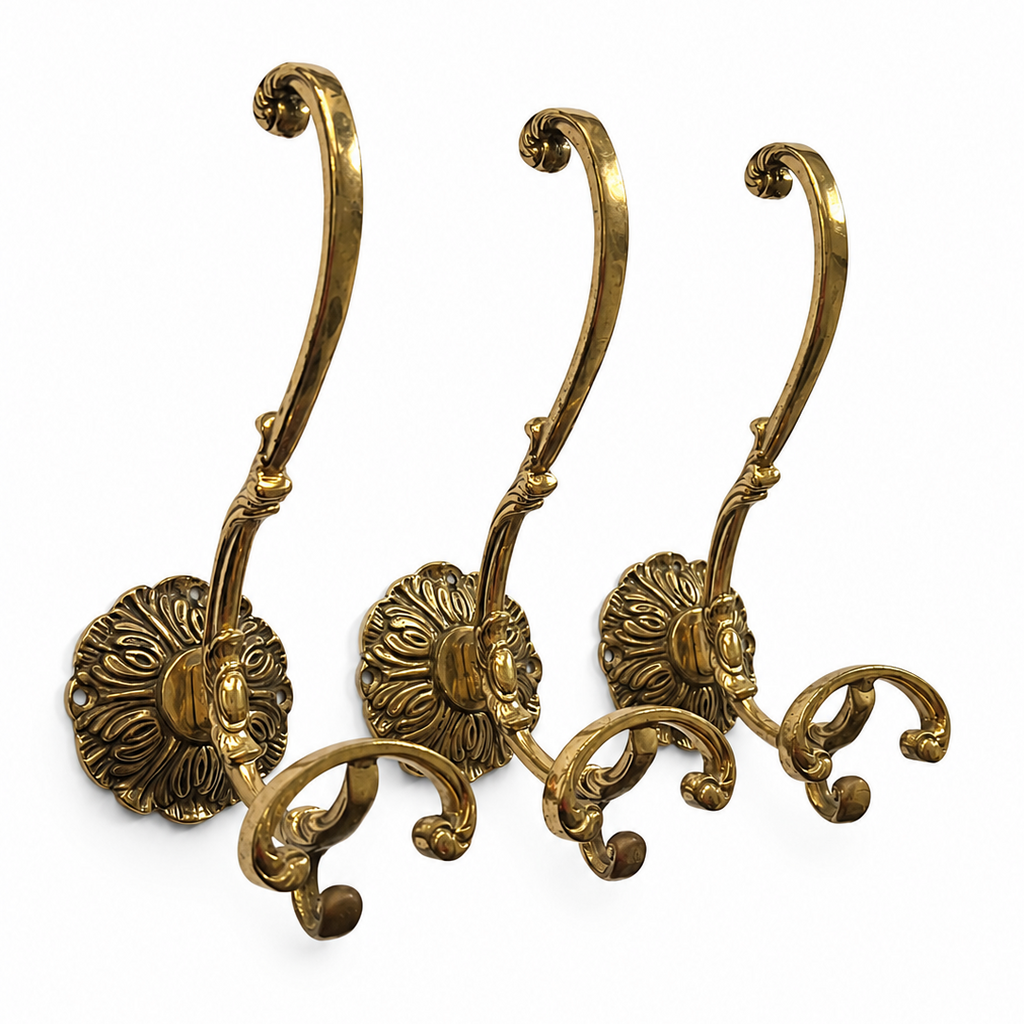 Set Of 3 Large Ornate Brass Wall Hooks, Vintage Coat Hangers