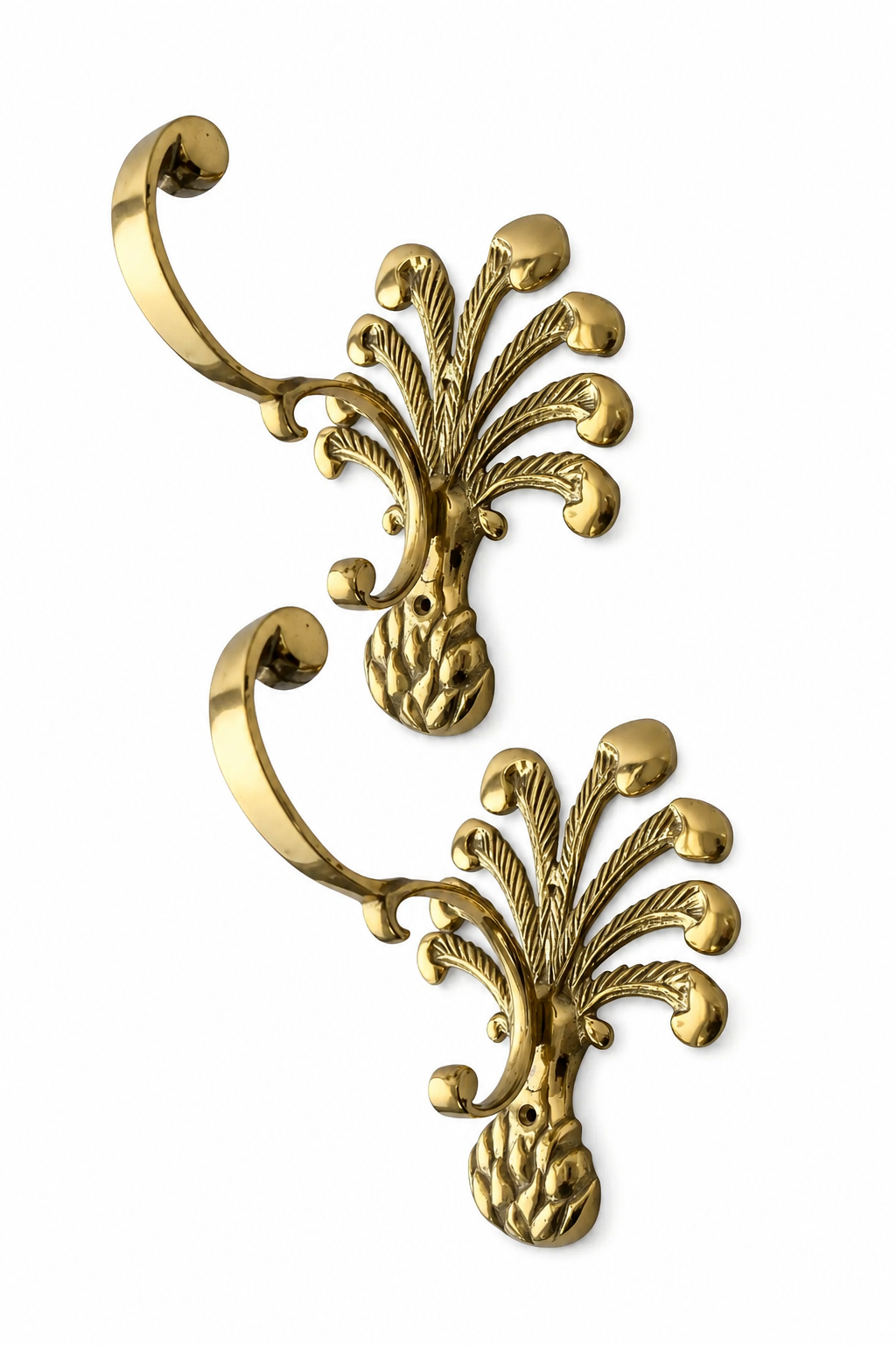 Vintage Set of Two Brass Pineapple Wall Hooks: Ornate Palm Design, Gold Finish
