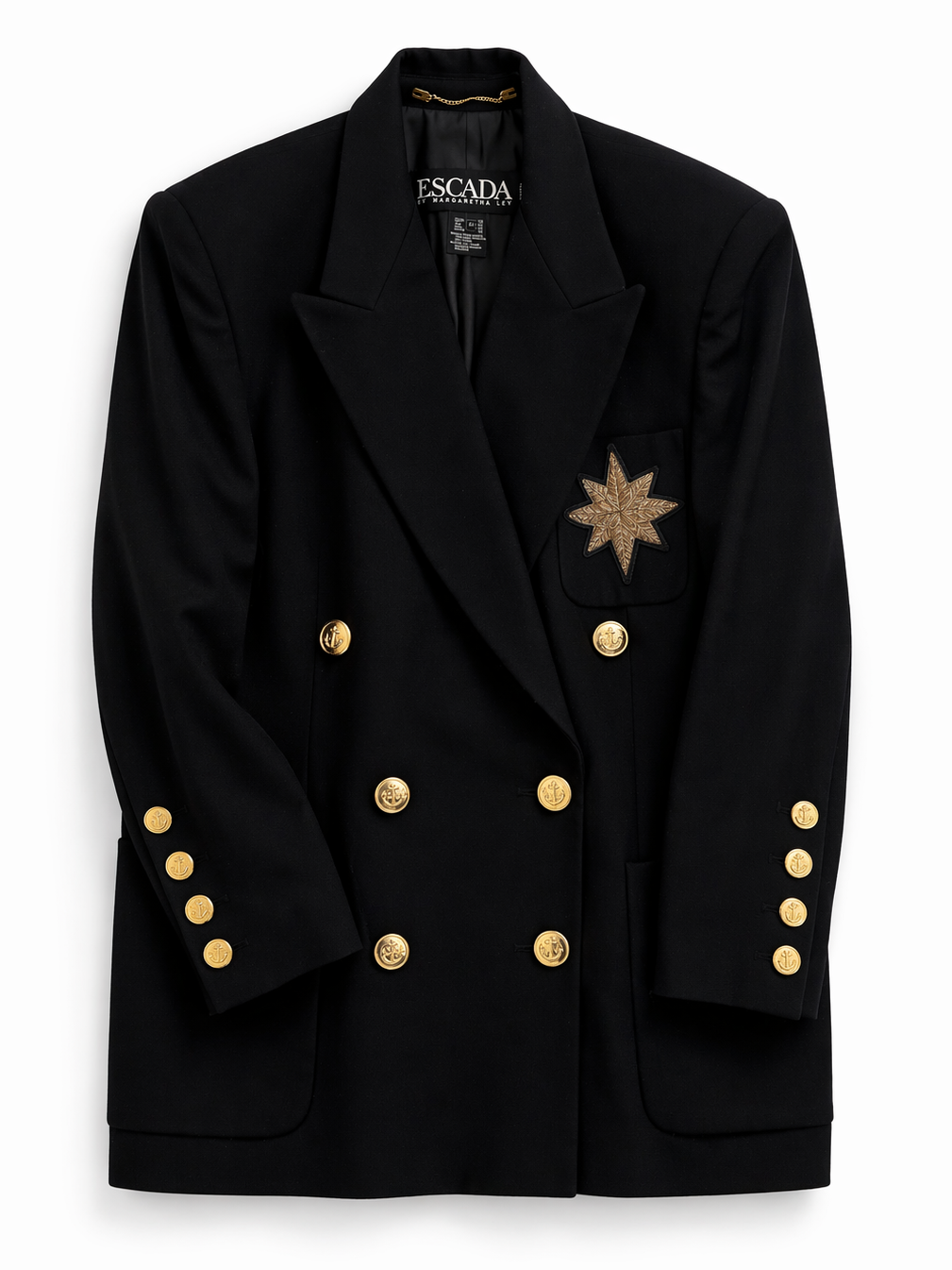 Vintage Escada by Margaretha Ley Navy Blue Blazer – Wool & Cashmere, Double-Breasted, Gold Nautical Buttons.