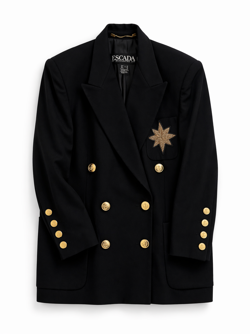 Vintage Escada by Margaretha Ley Navy Blue Blazer – Wool & Cashmere, Double-Breasted, Gold Nautical Buttons.