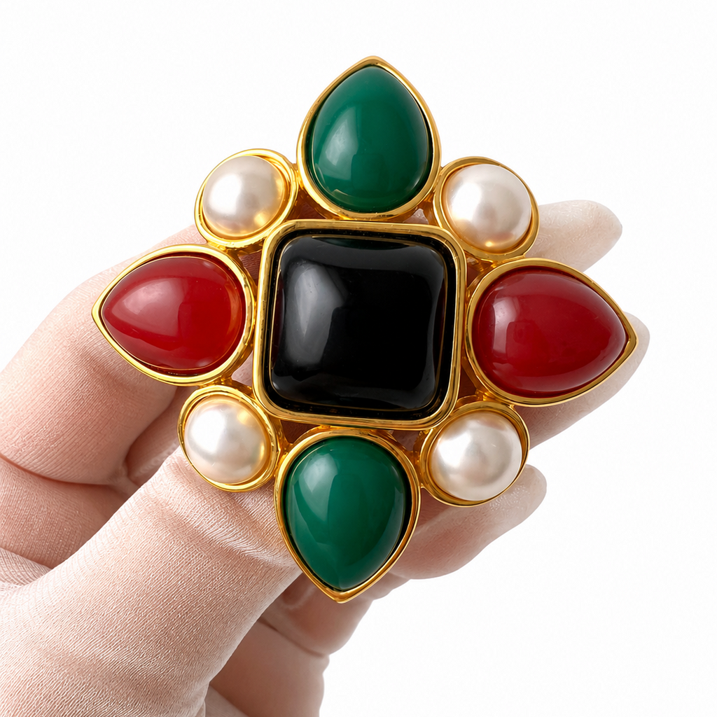 Vintage Joan Rivers Maltese Cross Brooch Gold Tone Cabochon Faux Pearl Pin