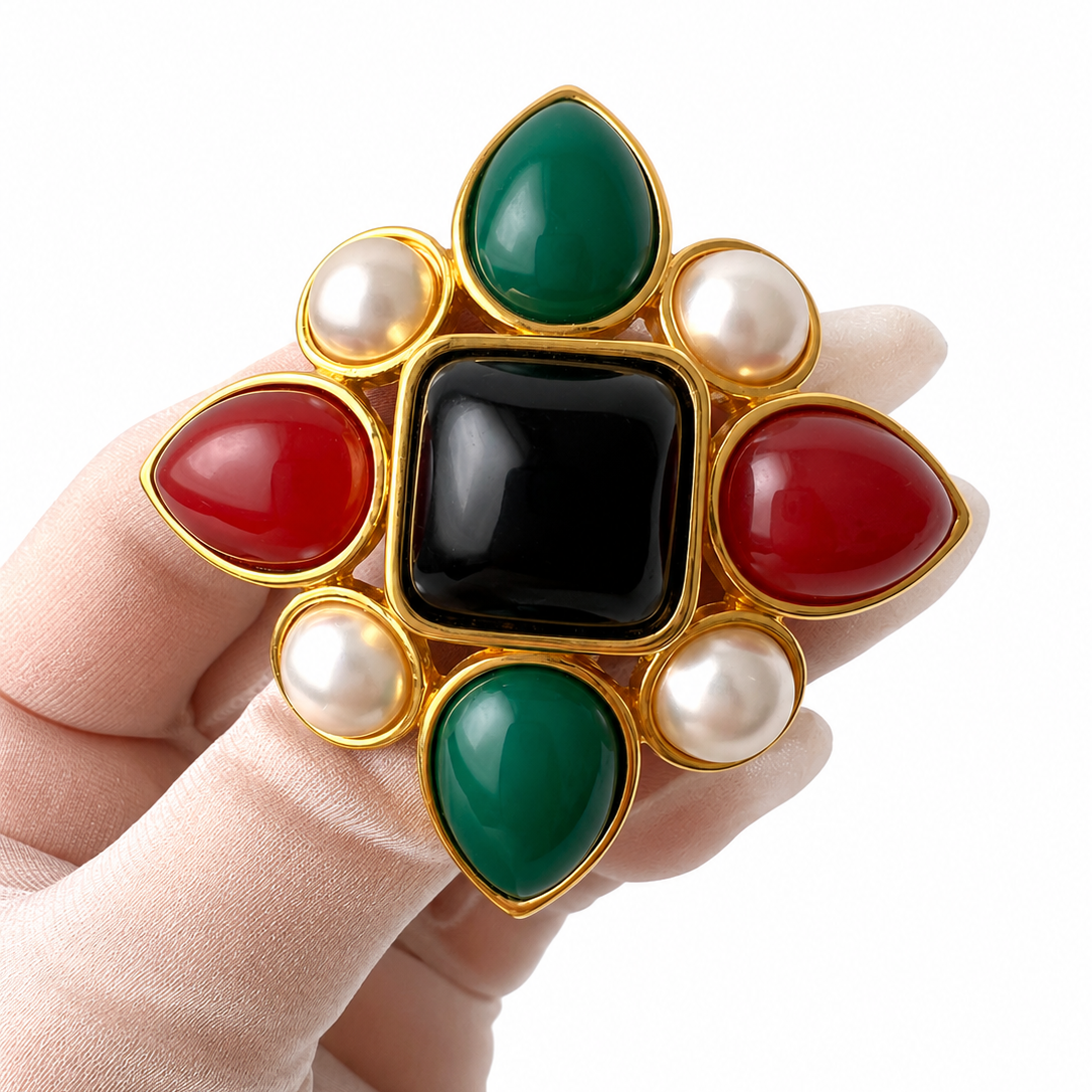 Vintage Joan Rivers Maltese Cross Brooch Gold Tone Cabochon Faux Pearl Pin