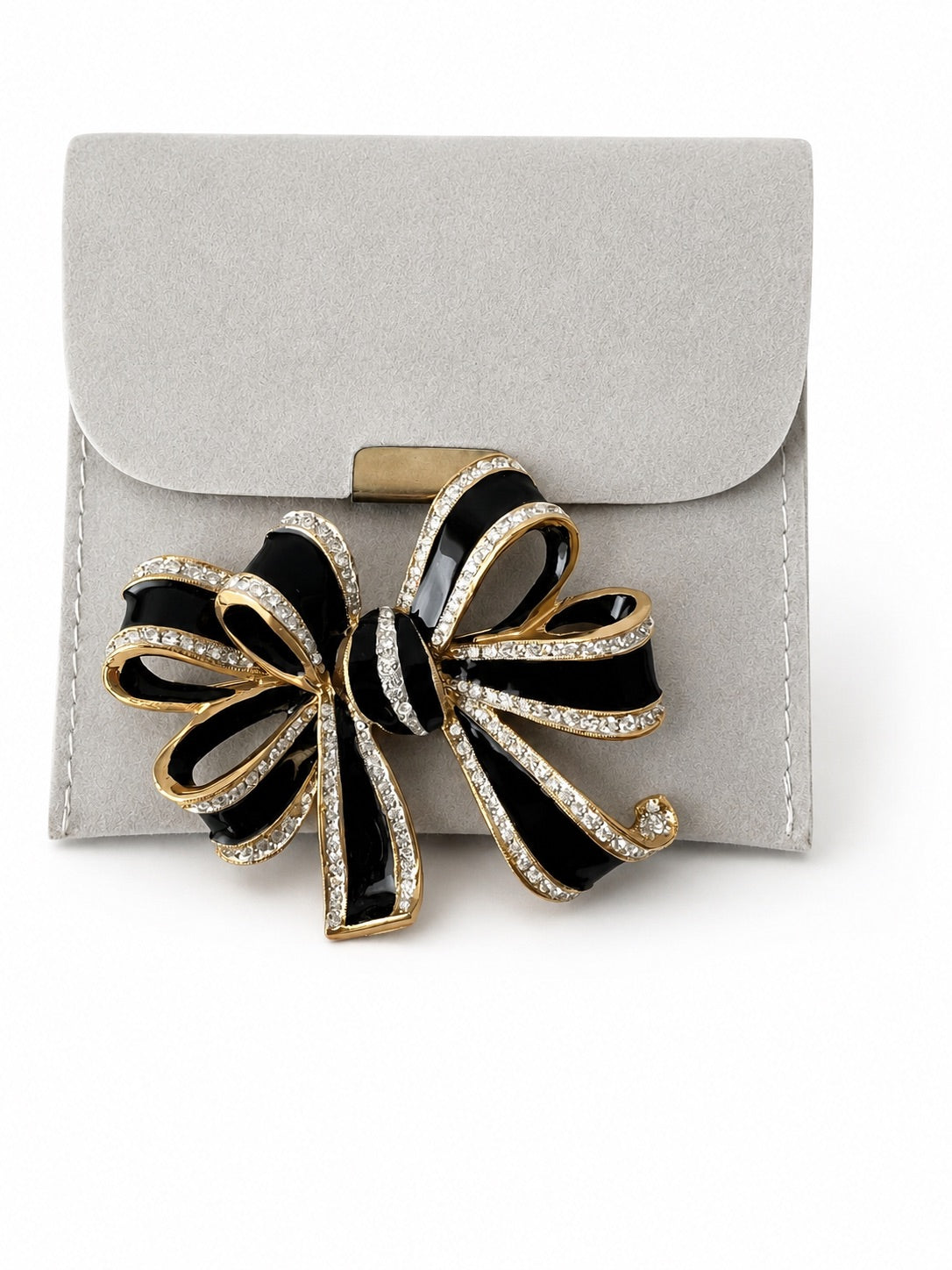 Vintage L’OFFICIEL Italy Black Enamel Bow Brooch Gold Tone Crystal Pin