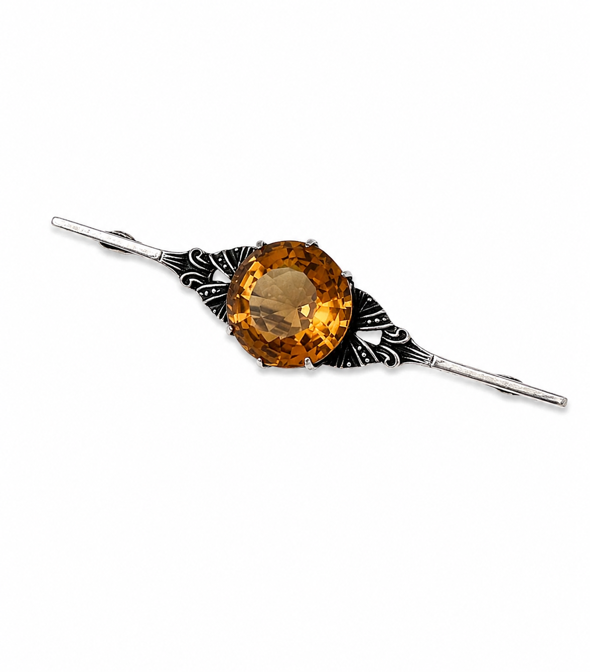 Art Deco Bar Brooch Orange Stone Silver Filigree 1920s Vintage Pin