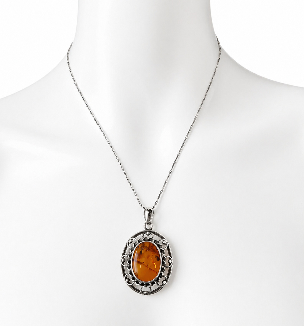Vintage Baltic Amber 835 Silver Filigree Pendant Necklace With 900 Silver Chain