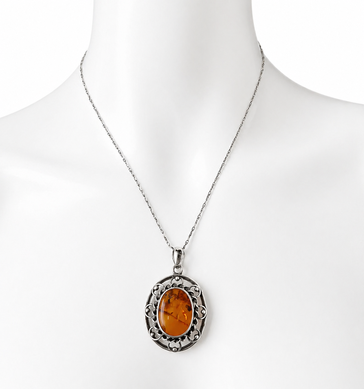 Vintage Baltic Amber 835 Silver Filigree Pendant Necklace With 900 Silver Chain