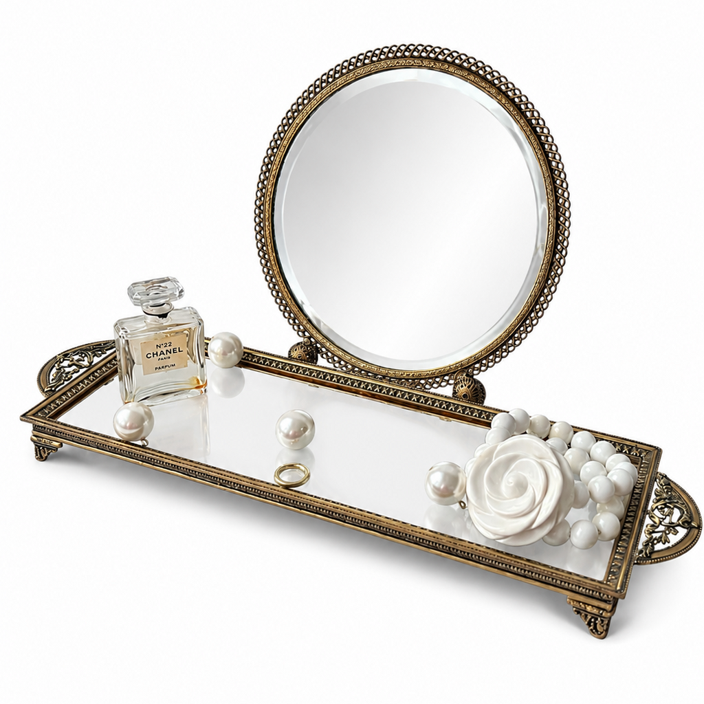 Vintage Brass Vanity Set With Glass Tray And Round Beveled Dressing Table Mirror