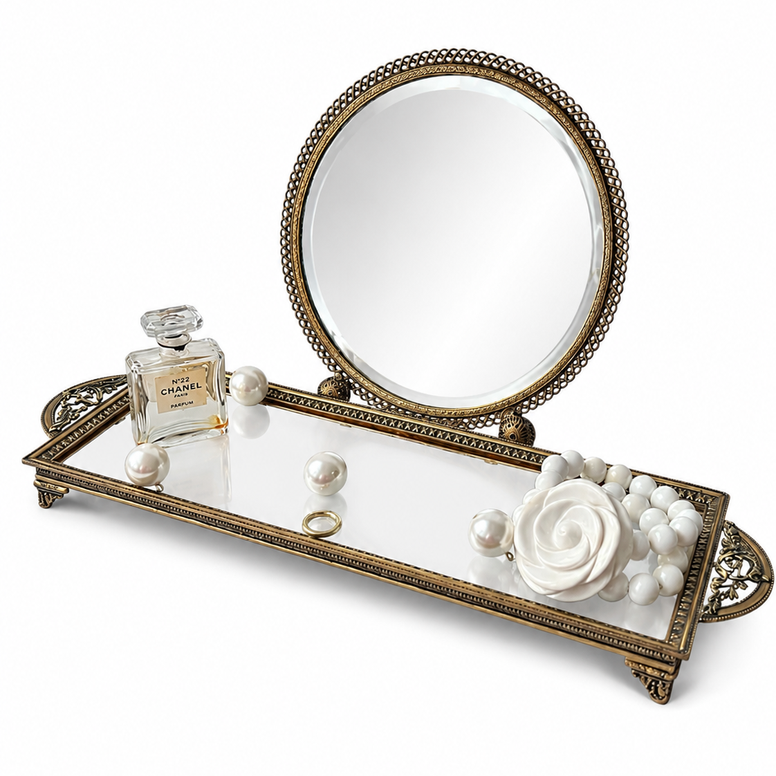 Vintage Brass Vanity Set With Glass Tray And Round Beveled Dressing Table Mirror