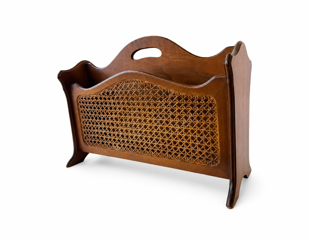 Vintage German Wooden Rattan Magazine Rack, Mid-Century Cane Newspaper Holder 1950s–70s