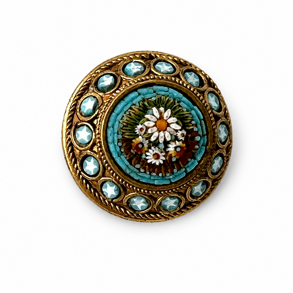 Antique Italian Micro Mosaic Brooch, Turquoise Floral Gilt Pin, Early 20th Century