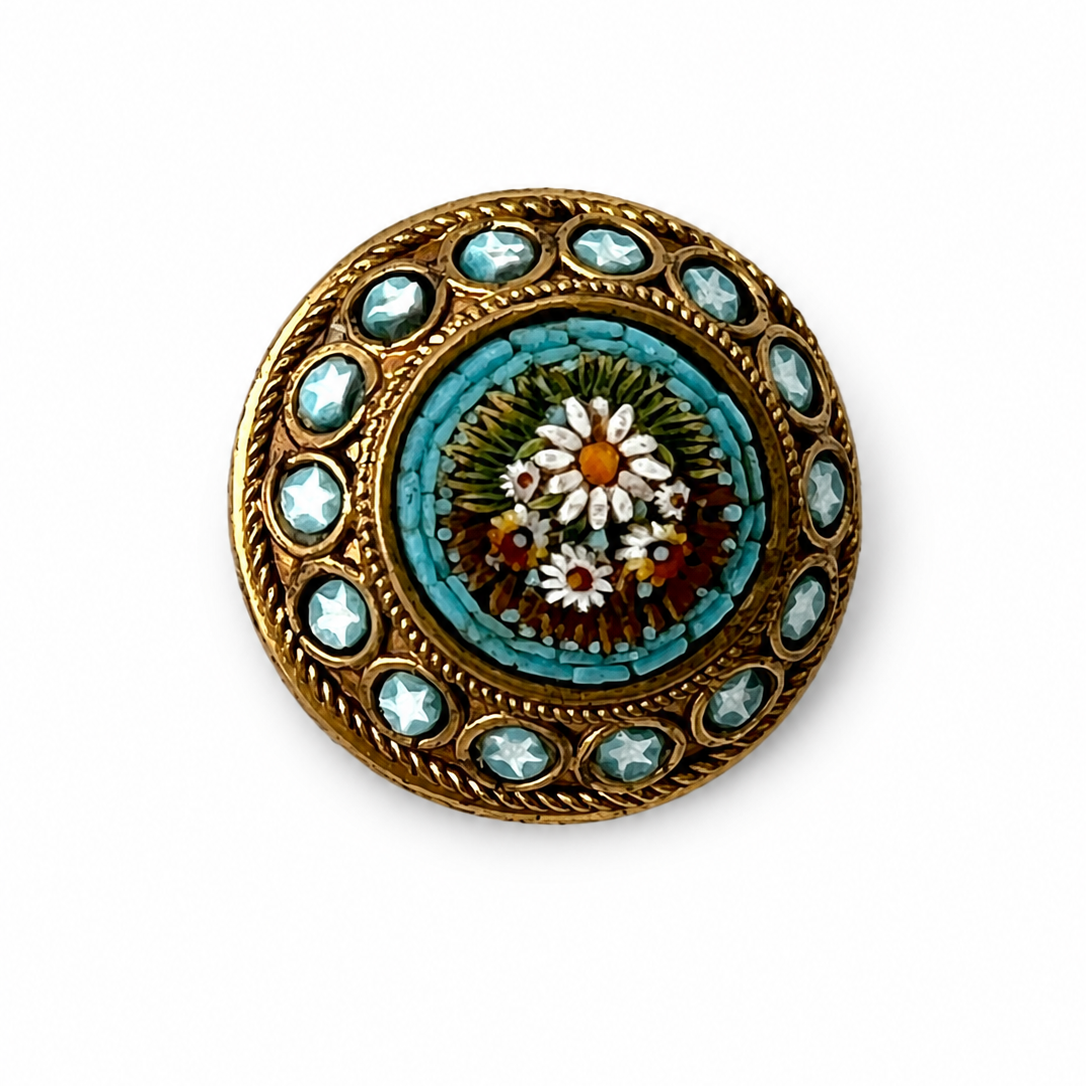 Antique Italian Micro Mosaic Brooch, Turquoise Floral Gilt Pin, Early 20th Century