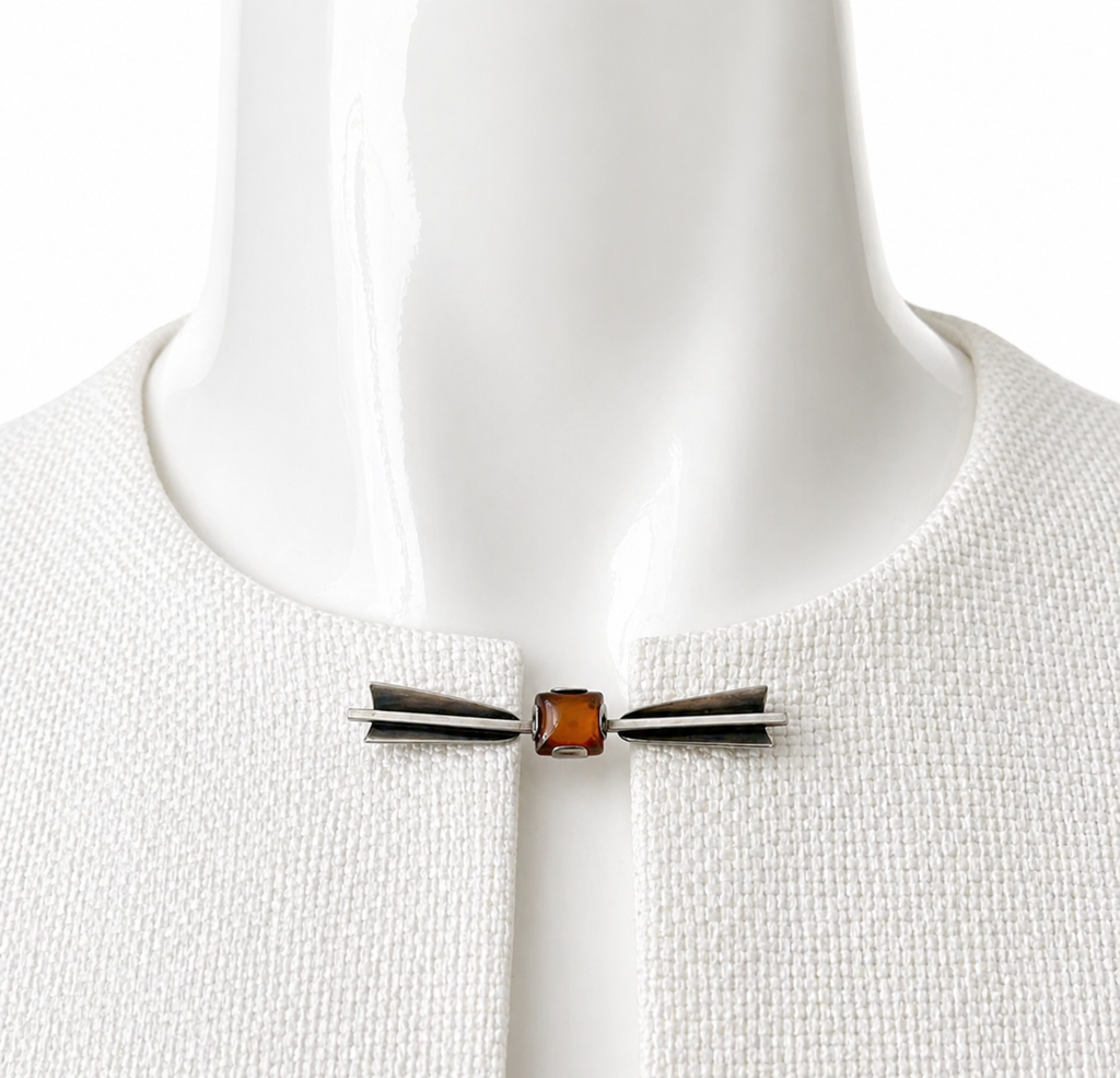 Vintage Silver Amber Bar Brooch Scandinavian Modernist Bow Pin
