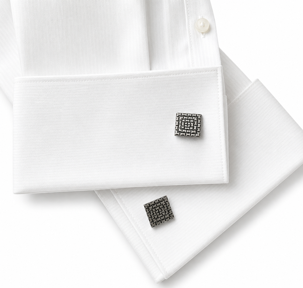 Vintage Silver Square Cufflinks with Textured Geometric Design.