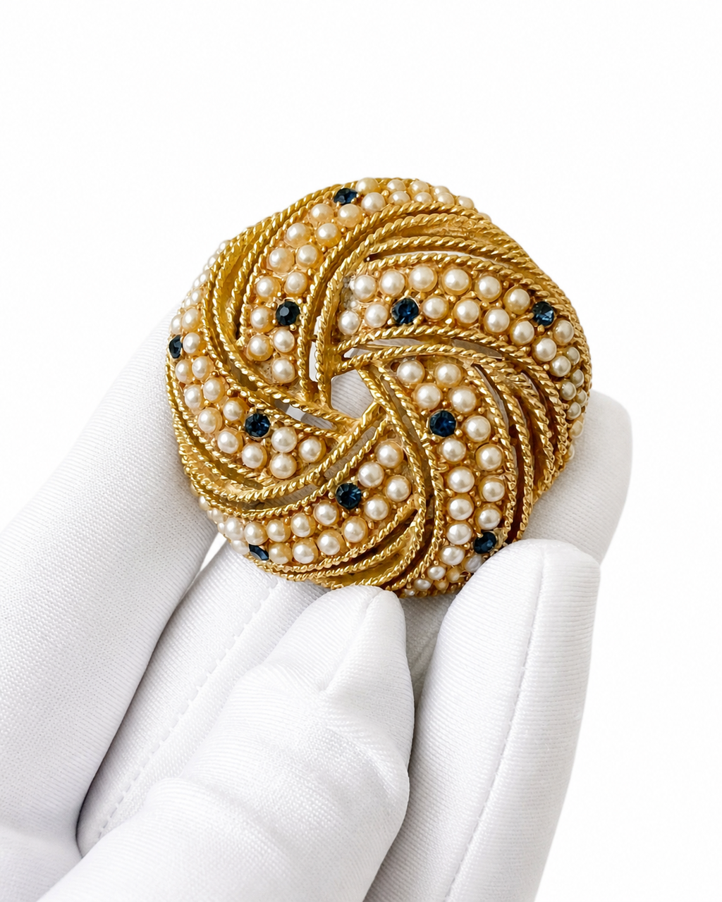 Title Vintage Love Knot Ribbon Brooch Gold Tone Faux Pearl Blue Rhinestone Pin 1970s
