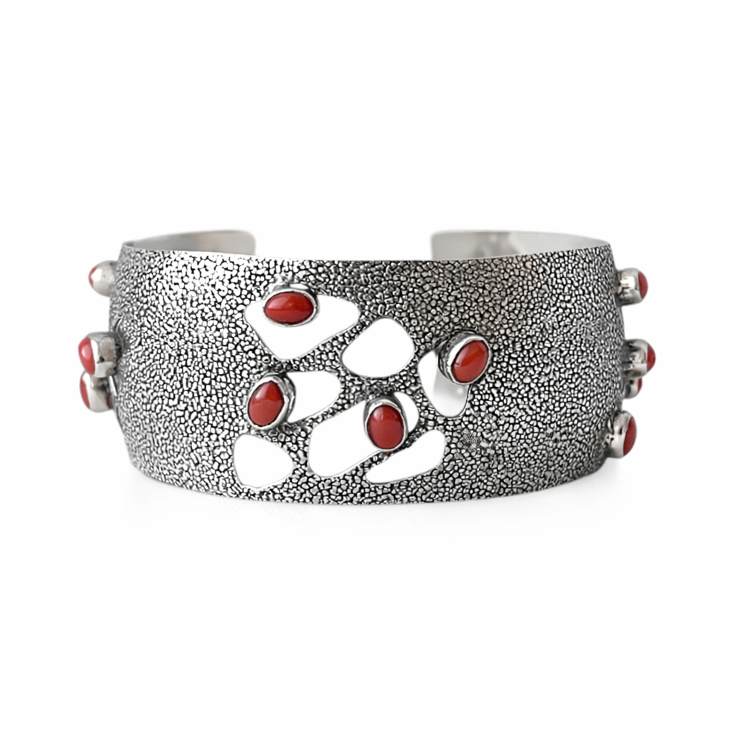 Vintage Silver Wide Cuff Bracelet With Mediterranean Coral.