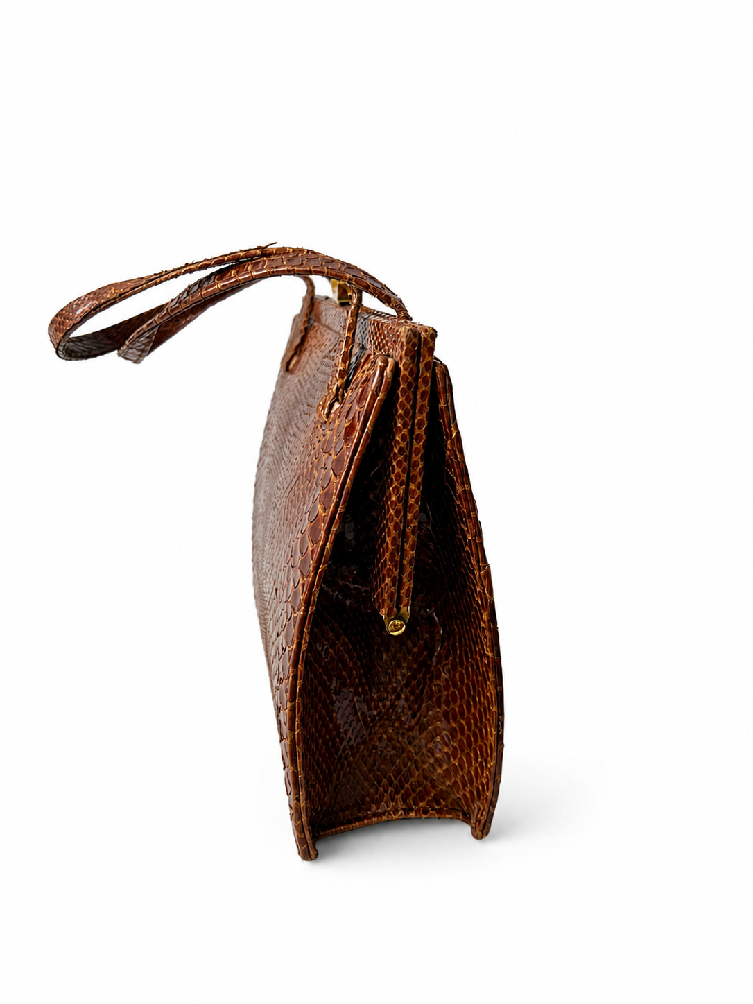 Vintage Brown Reptile Textured Leather Handbag With Brass Clasp And Leather Lining