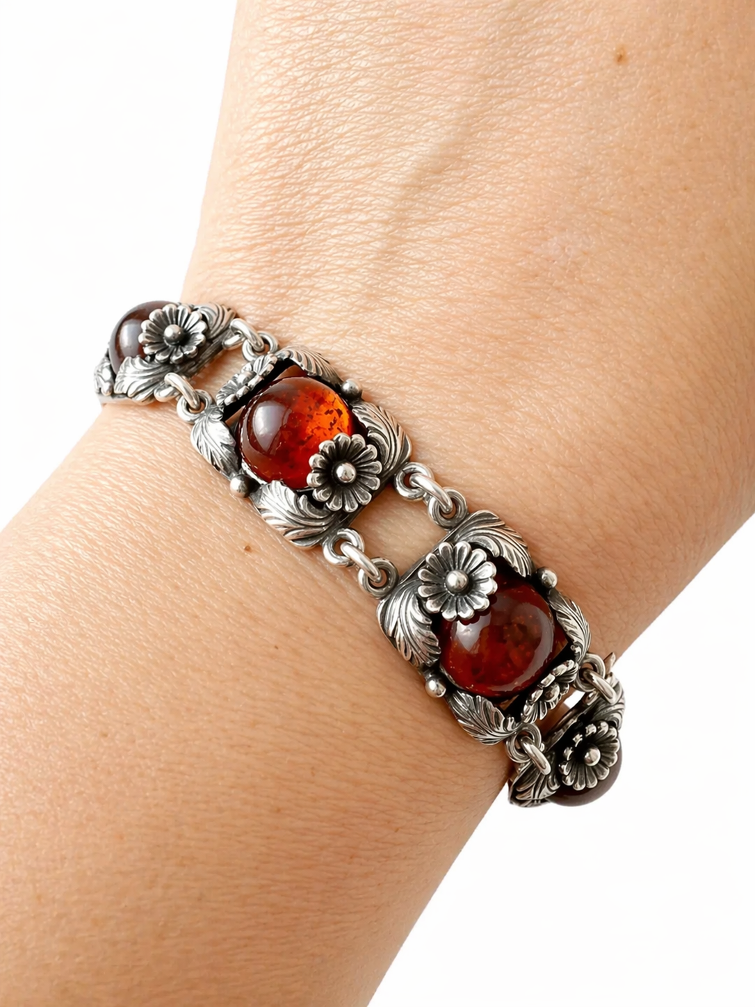 Vintage Baltic Amber Bracelet, Daisy Design, Sterling Silver, Danish Modernist, Niels Erik From