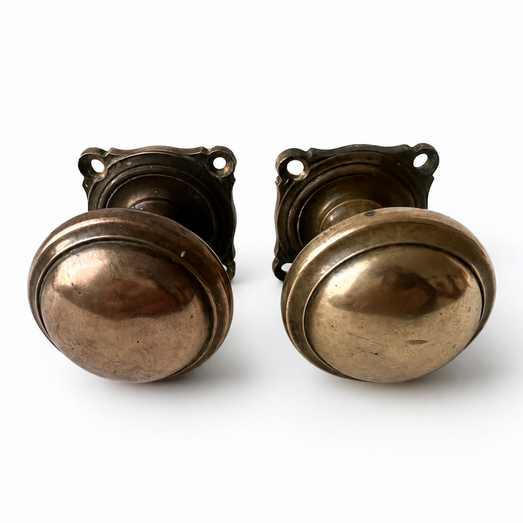 Antique Cast Brass Door Knobs Pair, Heavy Round Handles, Square Backplates