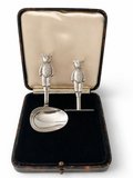 Vintage Silver Plated Teddy Bear Baby Spoon And Food Pusher Set In Original Box