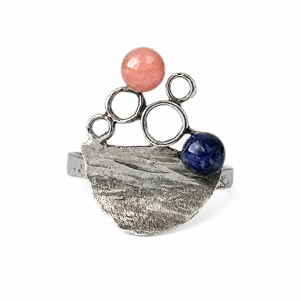 Vintage Modernist 835 Silver Ring, Rose Quartz Lapis Lazuli, Sculptural Statement Ring