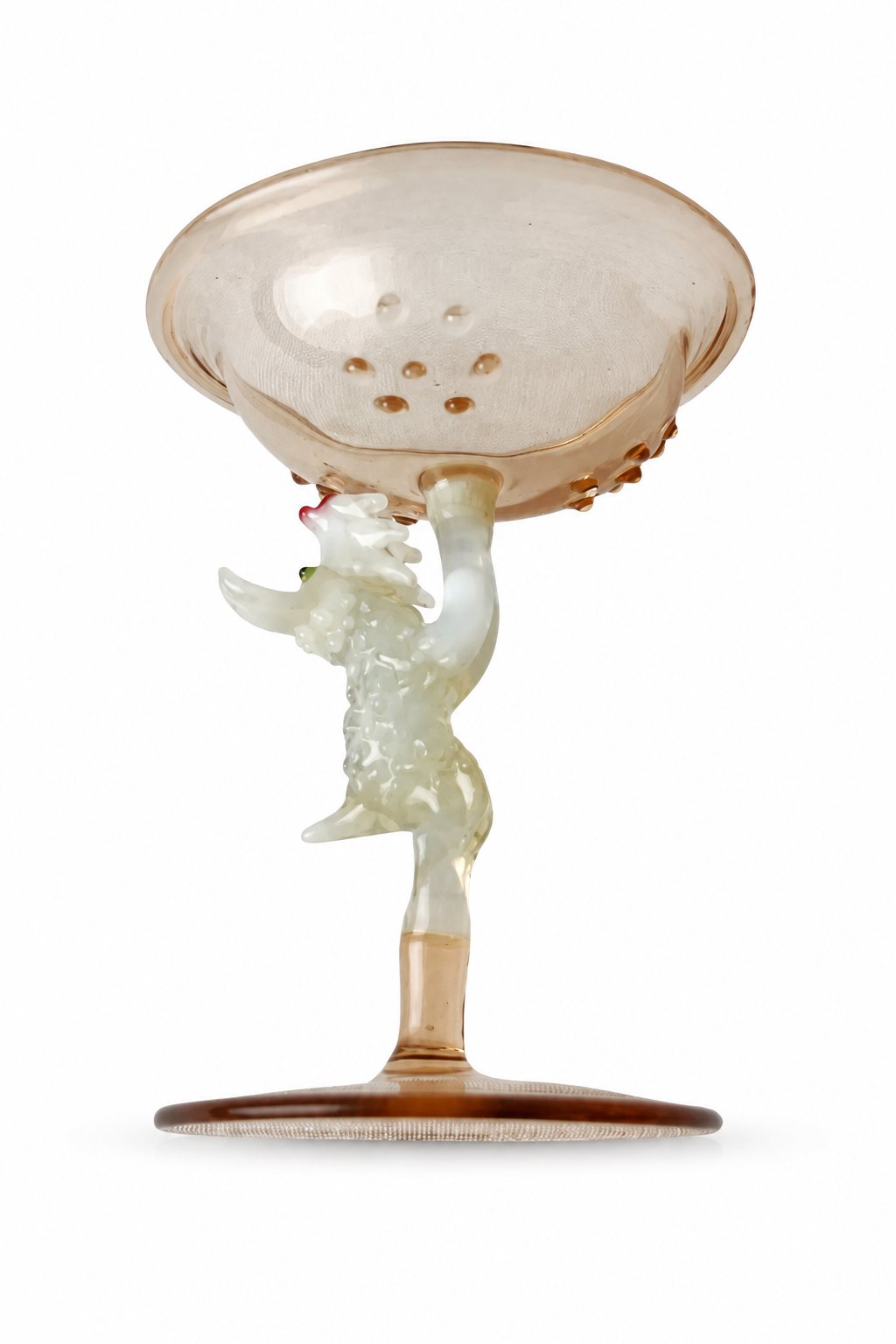 Lauscha Glass Goblet, Early 20th Century White Dog Stem German Art Glass Chalice