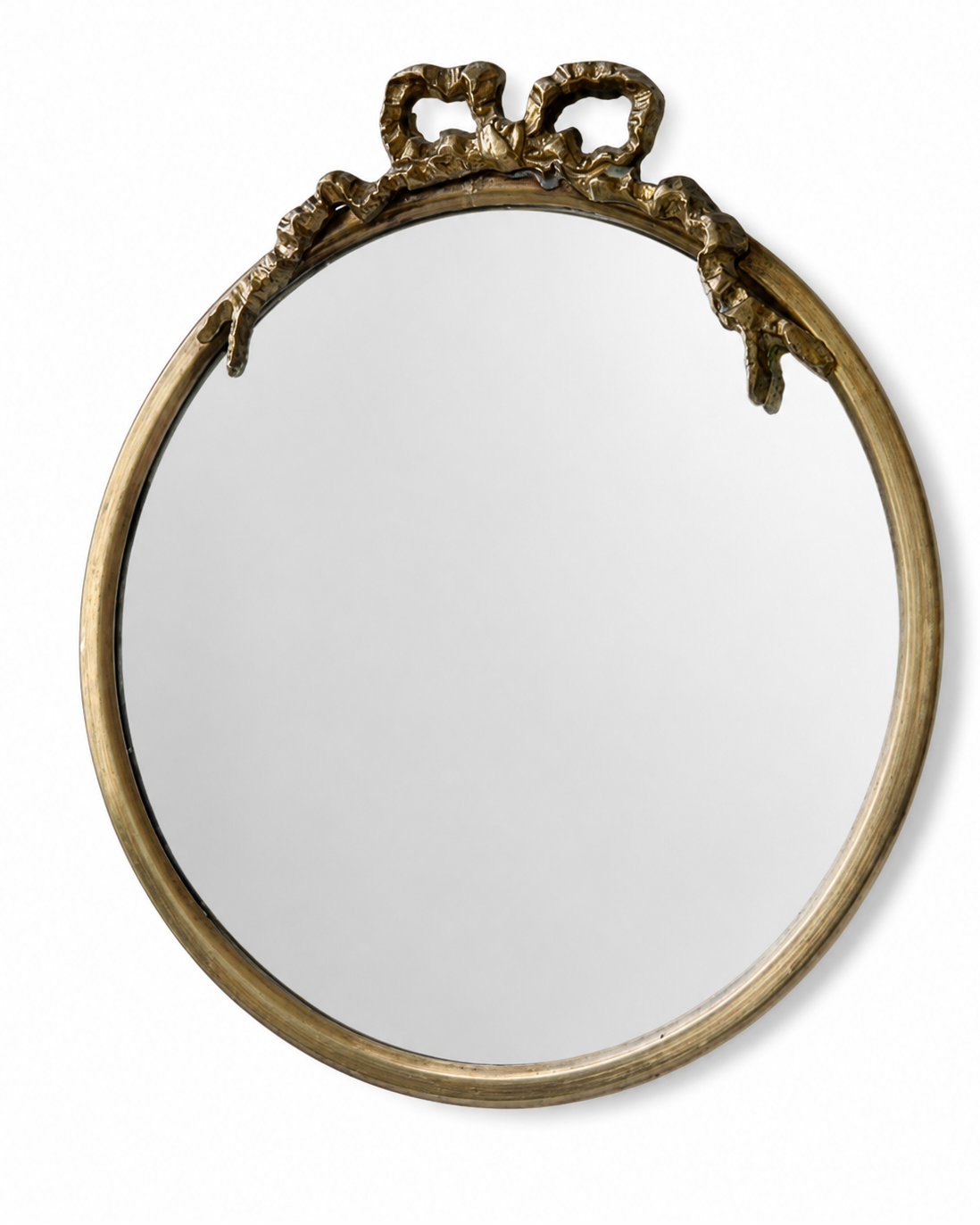 Vintage Round Brass Wall Mirror With Ribbon Bow Crest, French Regency Style