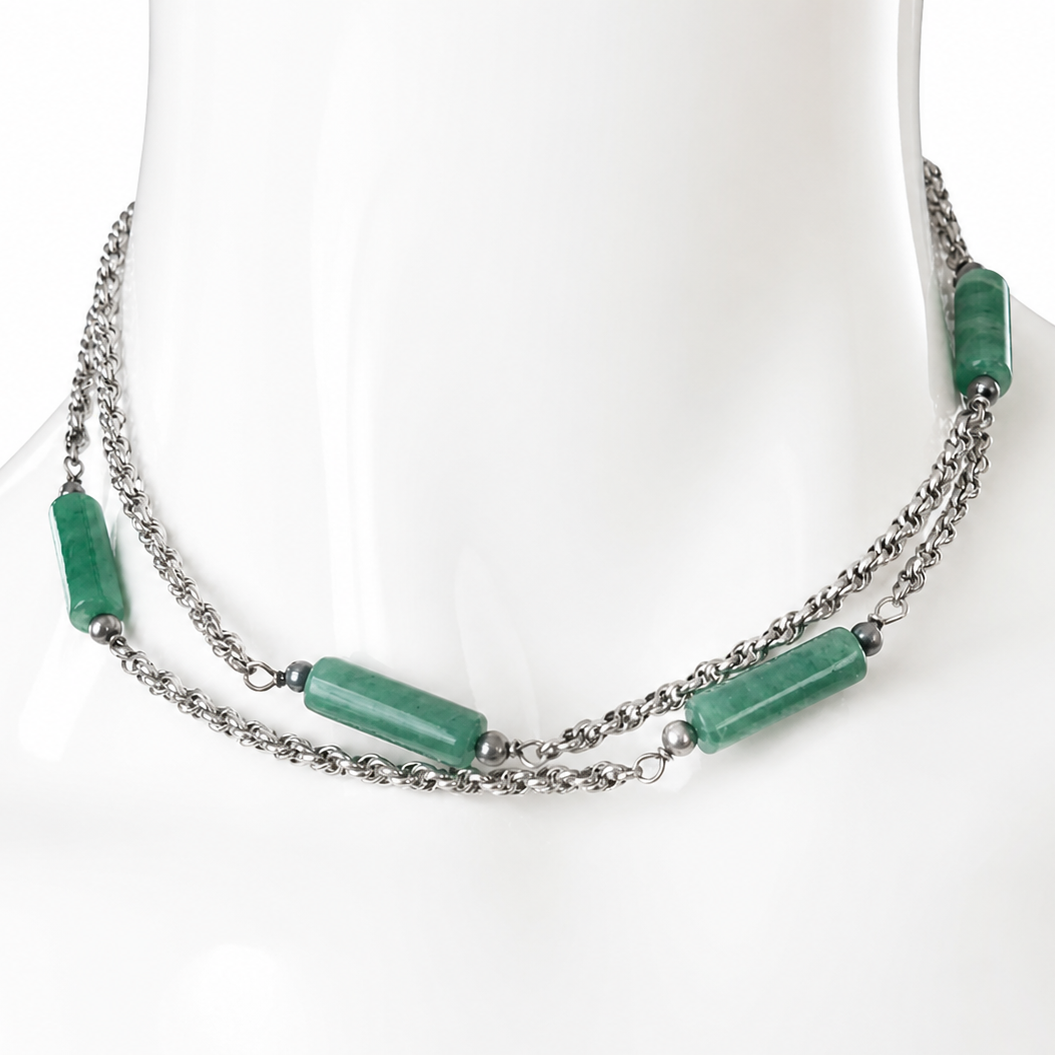 Vintage 835 Silver & Green Jade Necklace