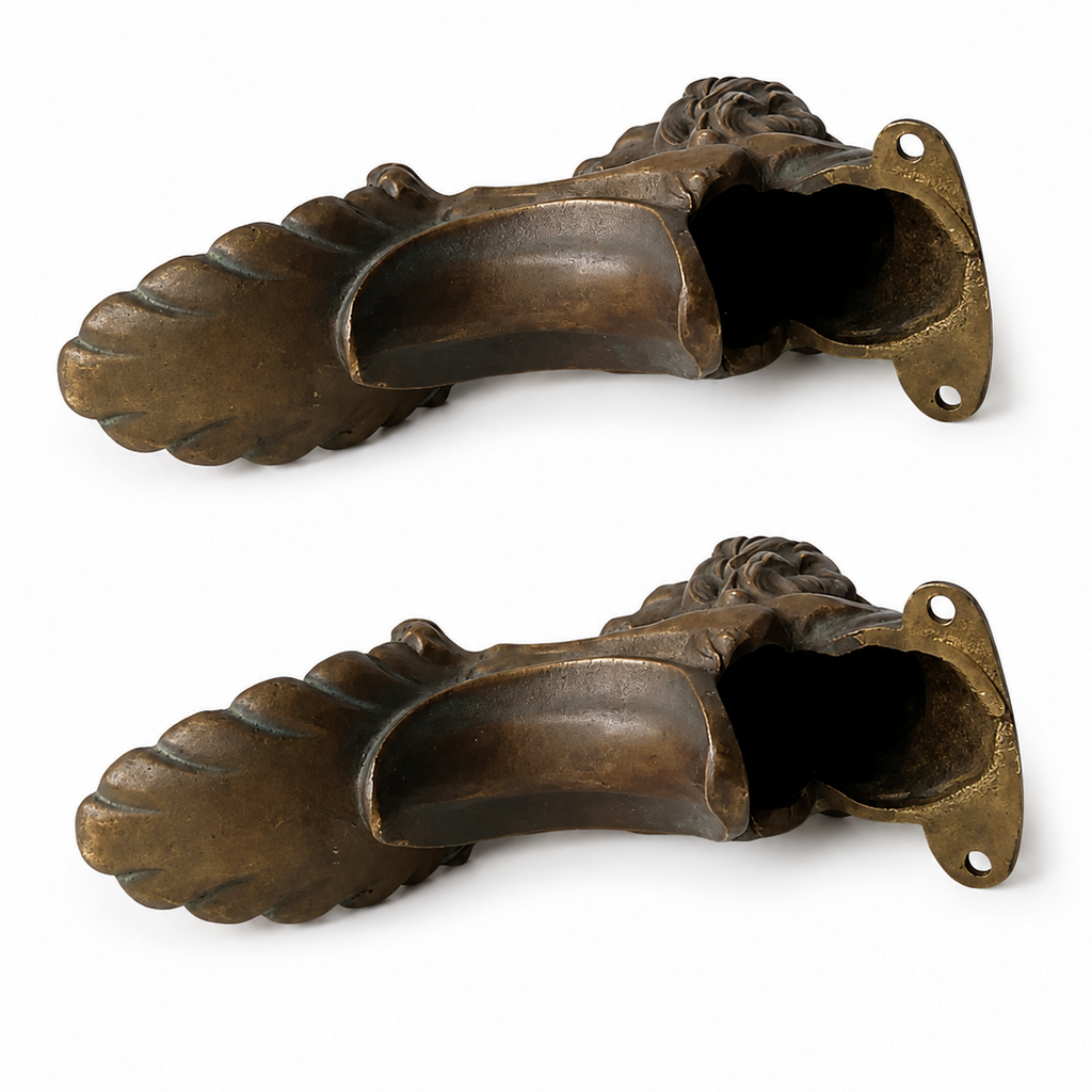 Antique Bronze Lion Armrest Mounts, Pair, 19th Century Empire Revival Furniture Fittings