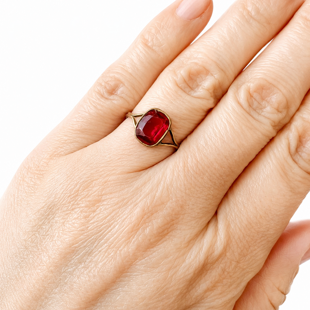 Antique Rolled Gold Ring with Red Stone. UK size: P 1/2