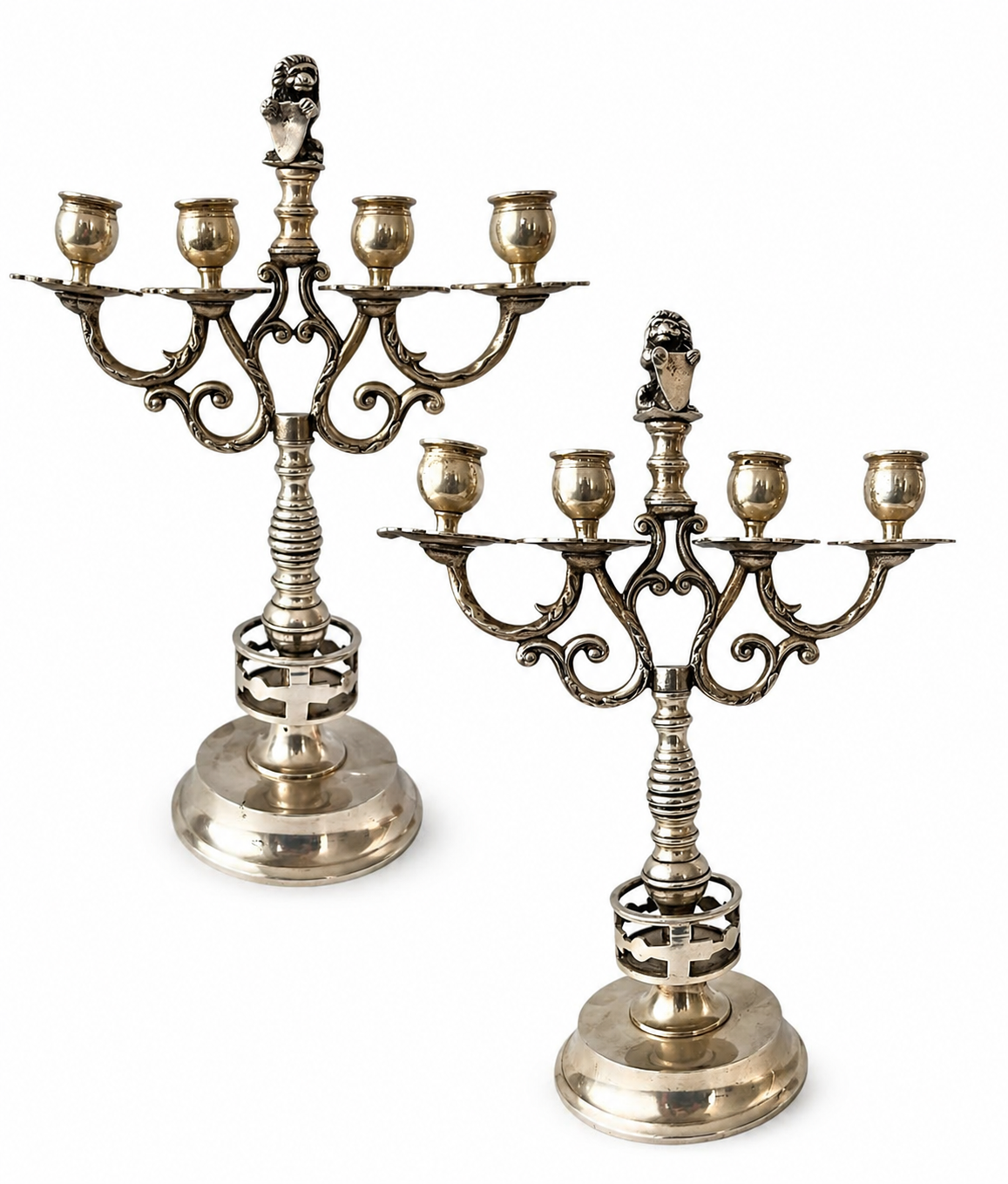 Antique Silver Plated Candelabra Pair, Heraldic Lion Gothic Candle Holders
