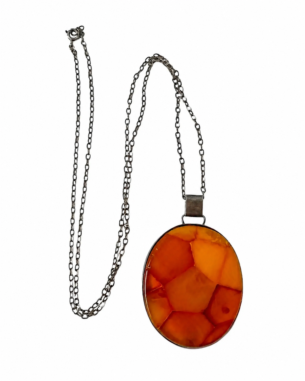 Vintage Fischland Amber Mosaic Pendant Necklace 835 Silver Mid Century Germany