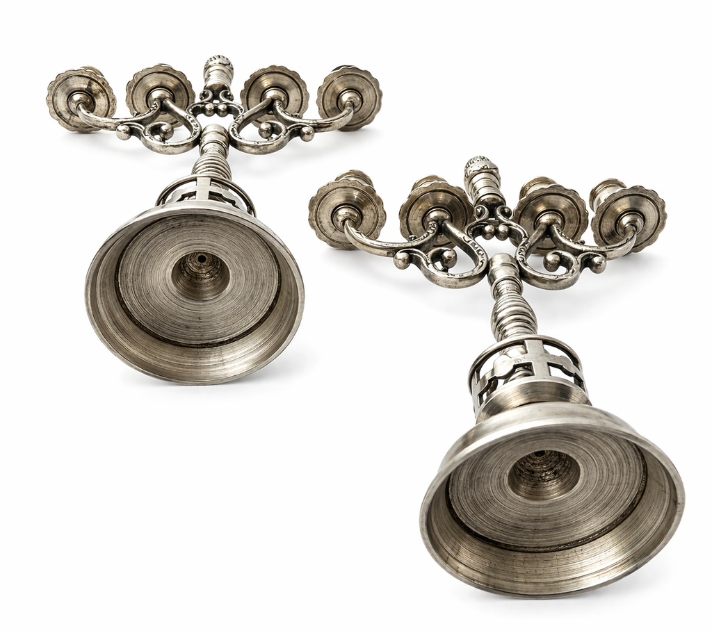 Antique Silver Plated Candelabra Pair, Heraldic Lion Gothic Candle Holders