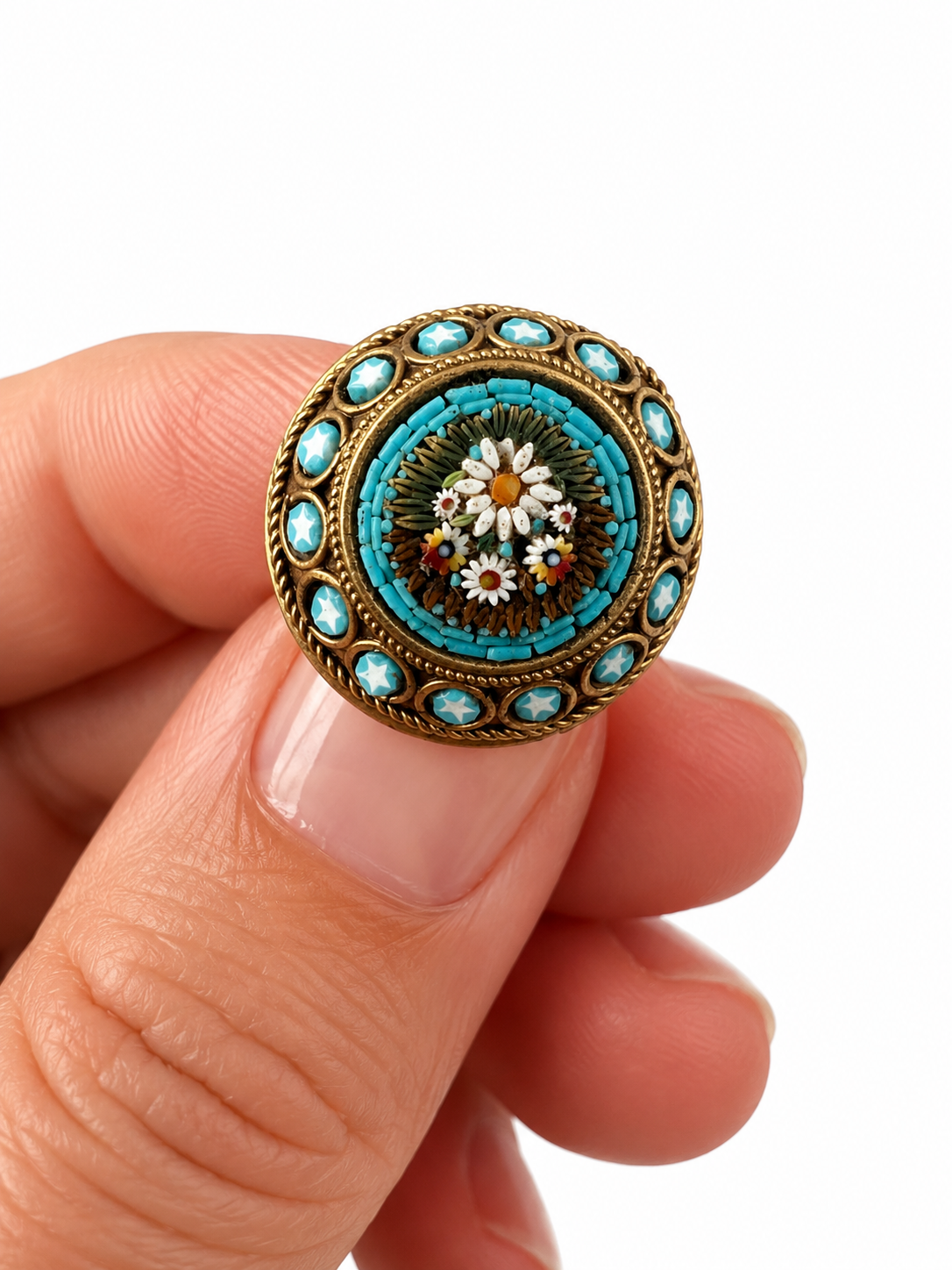 Antique Italian Micro Mosaic Brooch, Turquoise Floral Gilt Pin, Early 20th Century
