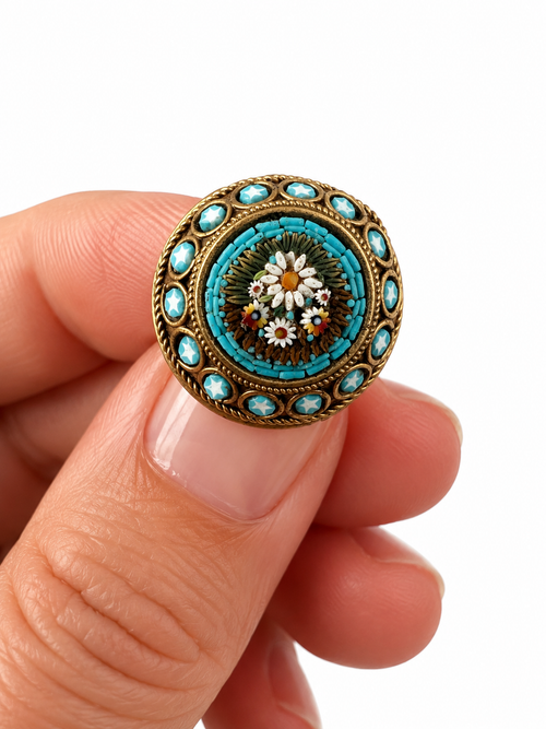Antique Italian Micro Mosaic Brooch, Turquoise Floral Gilt Pin, Early 20th Century
