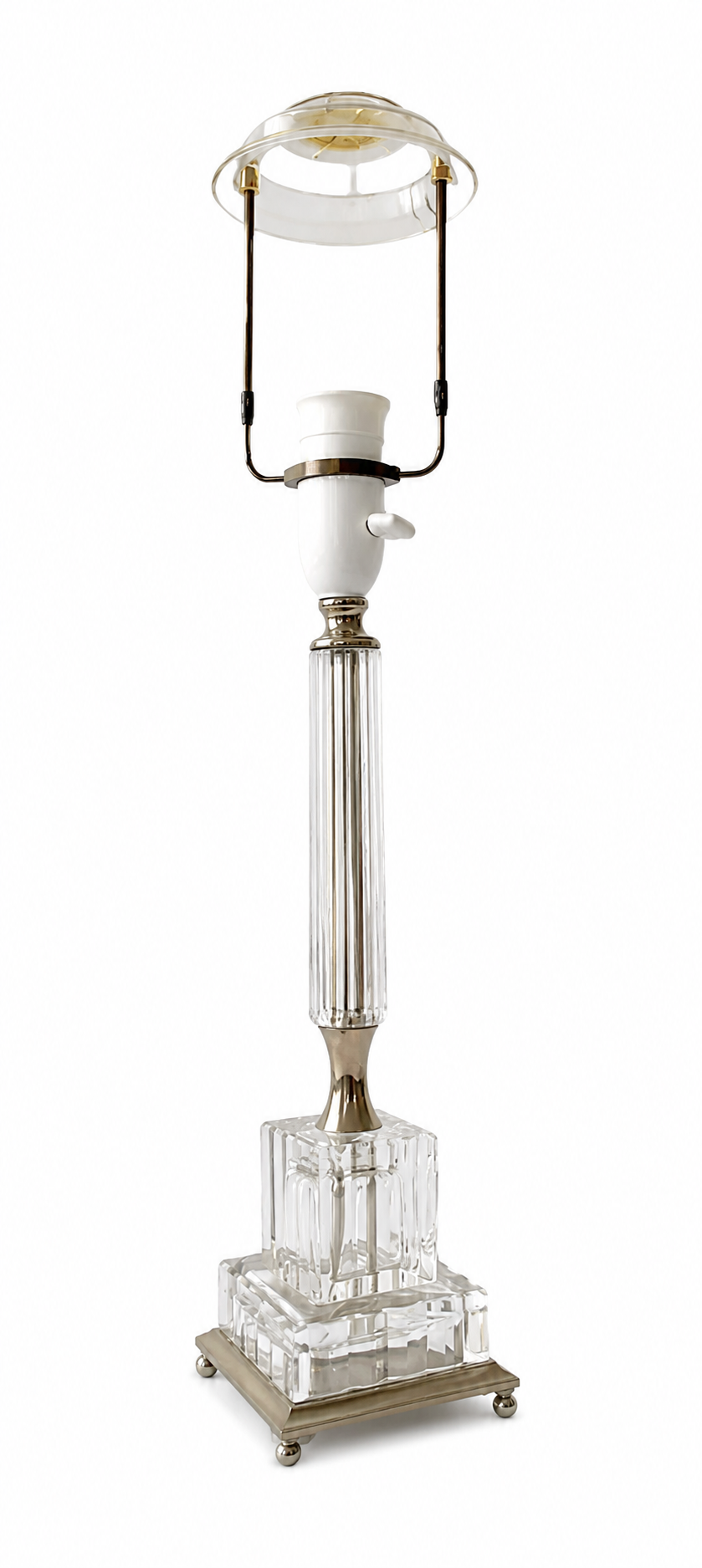 Vintage German Crystal Column Table Lamp, 1960s Neoclassical Glass Lamp With Silver Metal Details