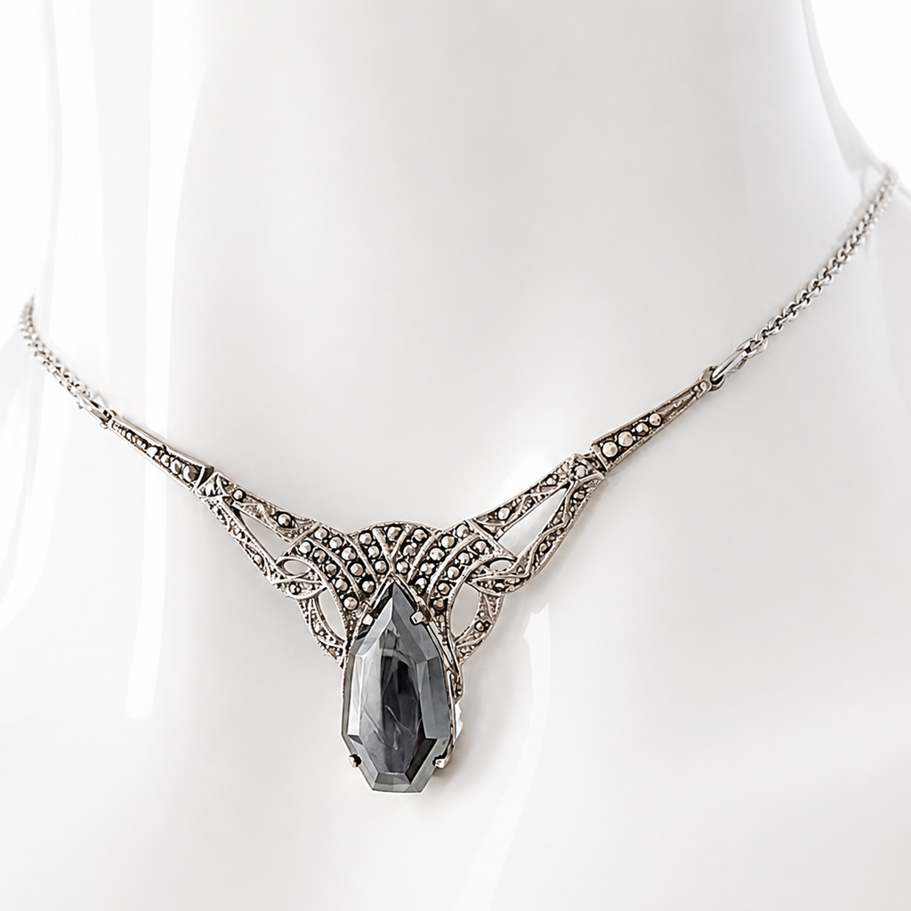 Antique Art Deco 800 Silver Marcasite Hematite Necklace 1920s