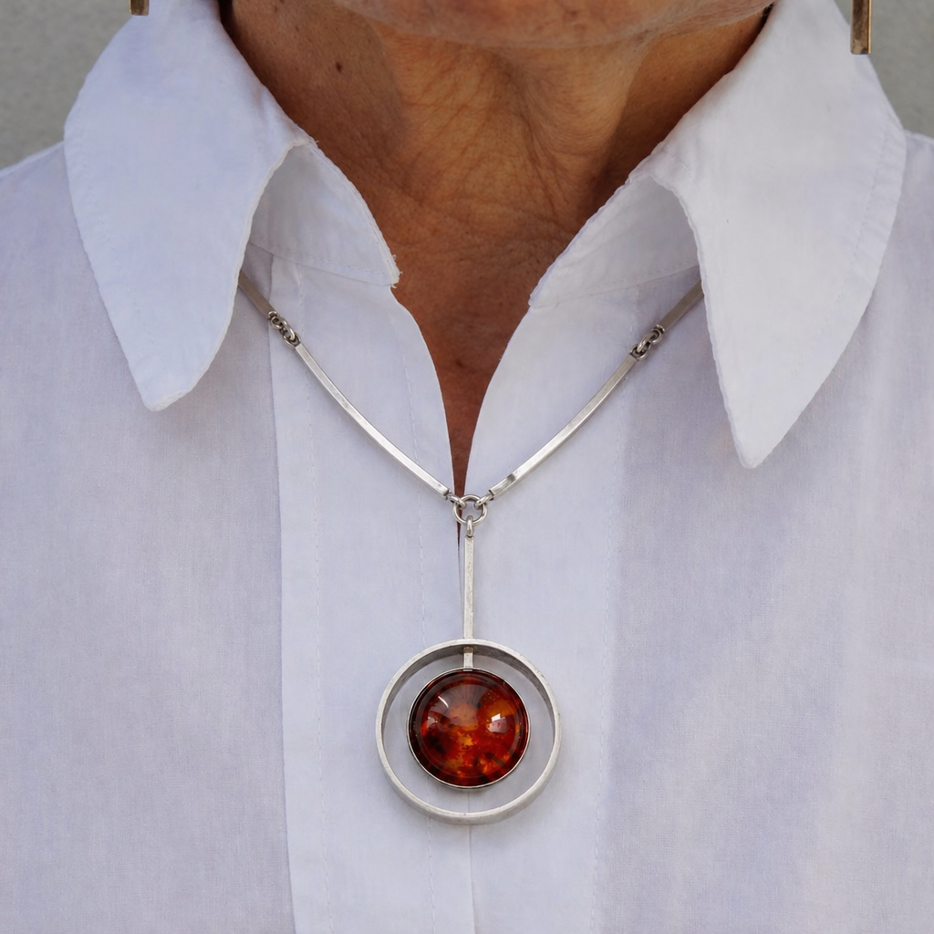Niels Erik From Sterling Silver Amber Necklace, Danish Modernist Pendant, 925S Denmark