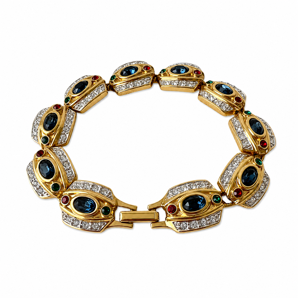 Vintage Gold Tone Multicolour Rhinestone Bracelet, Signed Statement Costume Jewellery