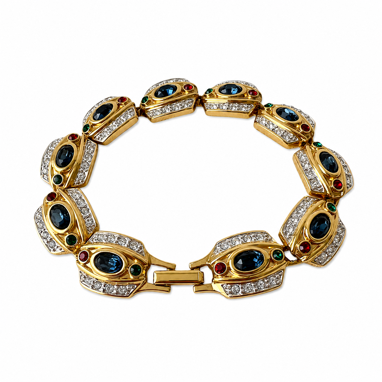 Vintage Gold Tone Multicolour Rhinestone Bracelet, Signed Statement Costume Jewellery
