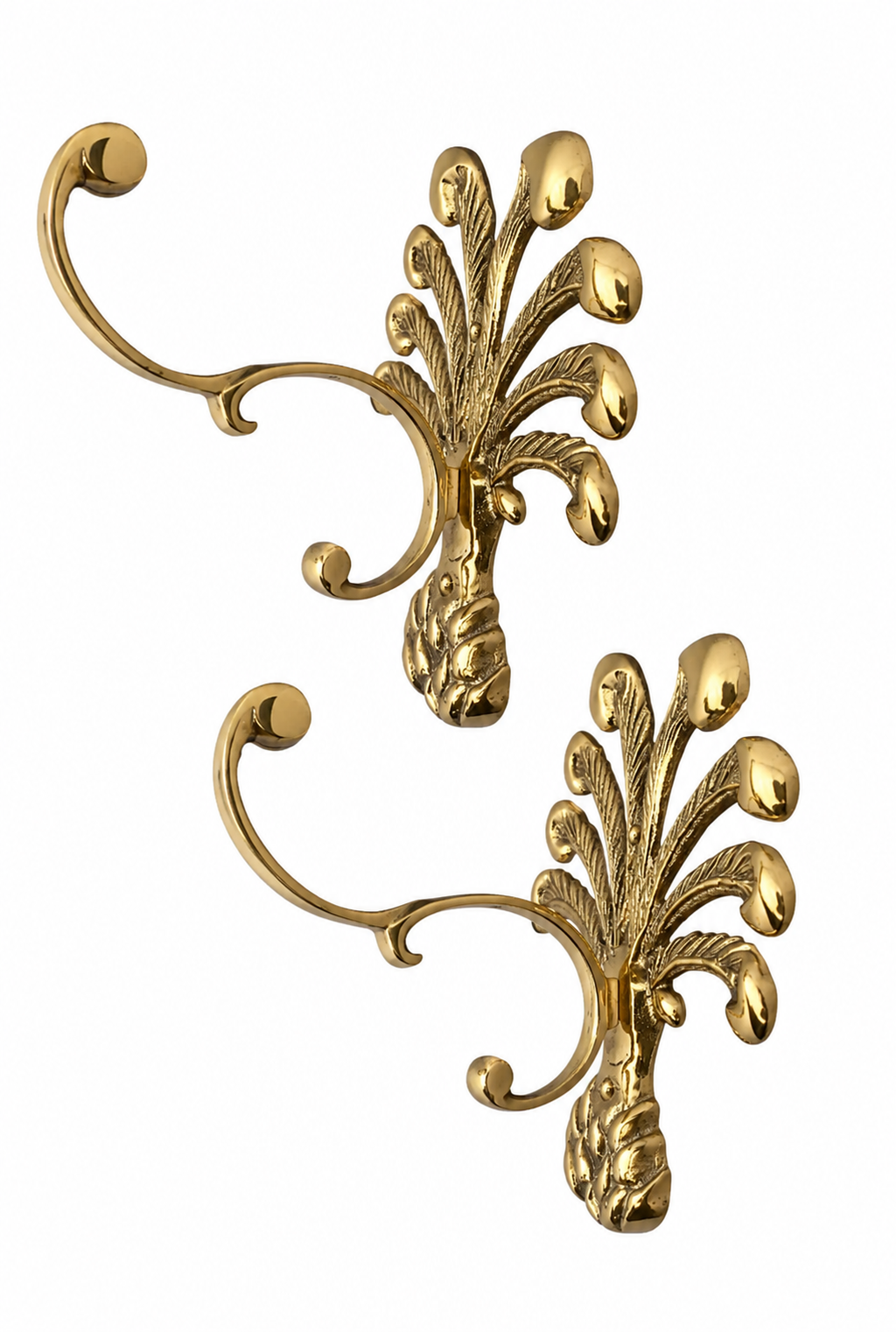 Vintage Set of Two Brass Pineapple Wall Hooks: Ornate Palm Design, Gold Finish
