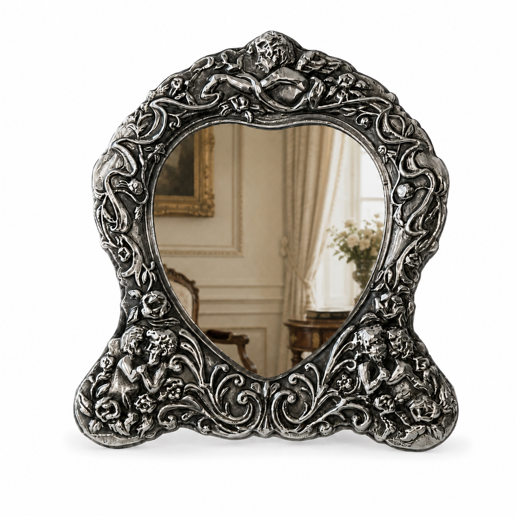 Vintage Carr’s Sheffield Sterling Silver Cherub Heart Table Mirror