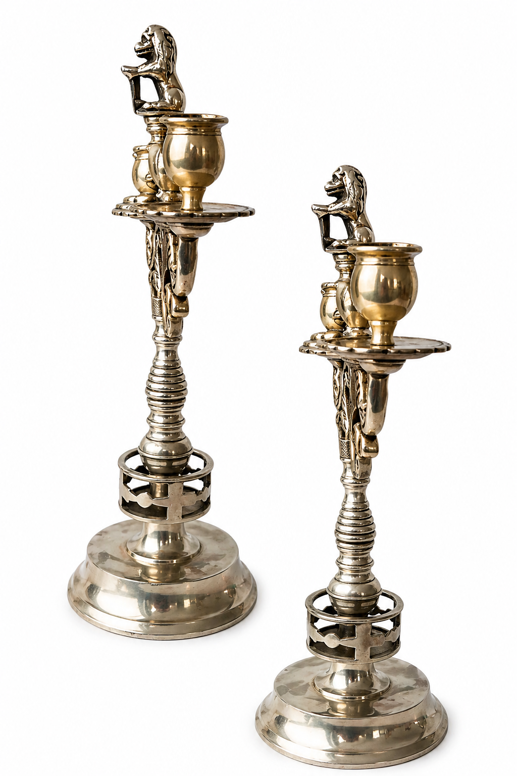 Antique Silver Plated Candelabra Pair, Heraldic Lion Gothic Candle Holders