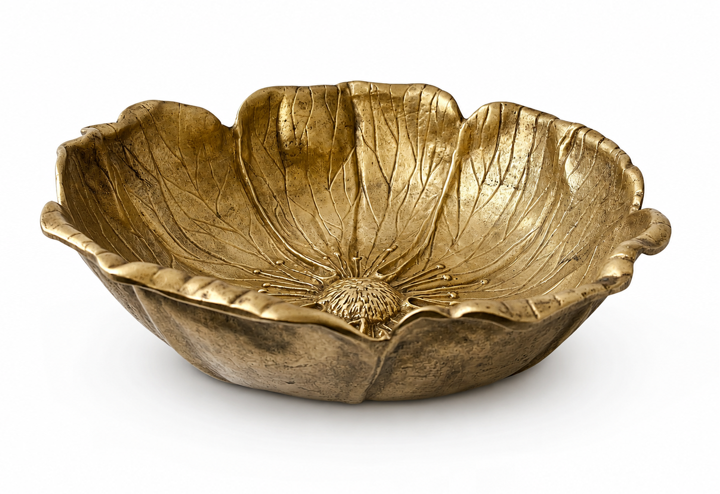 Vintage Solid Brass Flower Bowl, Heavy Bronze Gold Sculptural Centrepiece, Large Floral Decorative Bowl