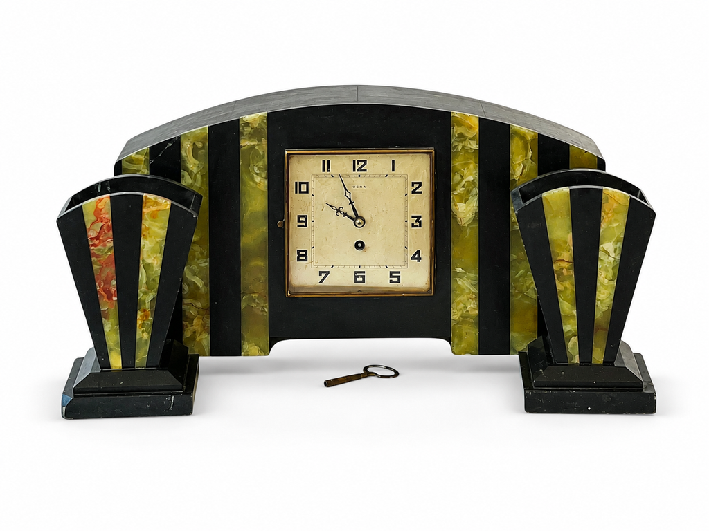 French Art Deco UCRA Marble Onyx Mantel Clock With Side Garnitures, 1920s 1930s