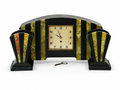 French Art Deco UCRA Marble Onyx Mantel Clock With Side Garnitures, 1920s 1930s