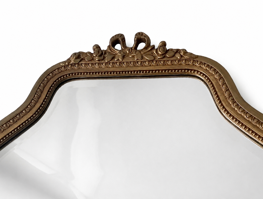 Vintage Louis XVI Style Wall Mirror, Belgian Gilt Wood And Stucco Beveled Mirror