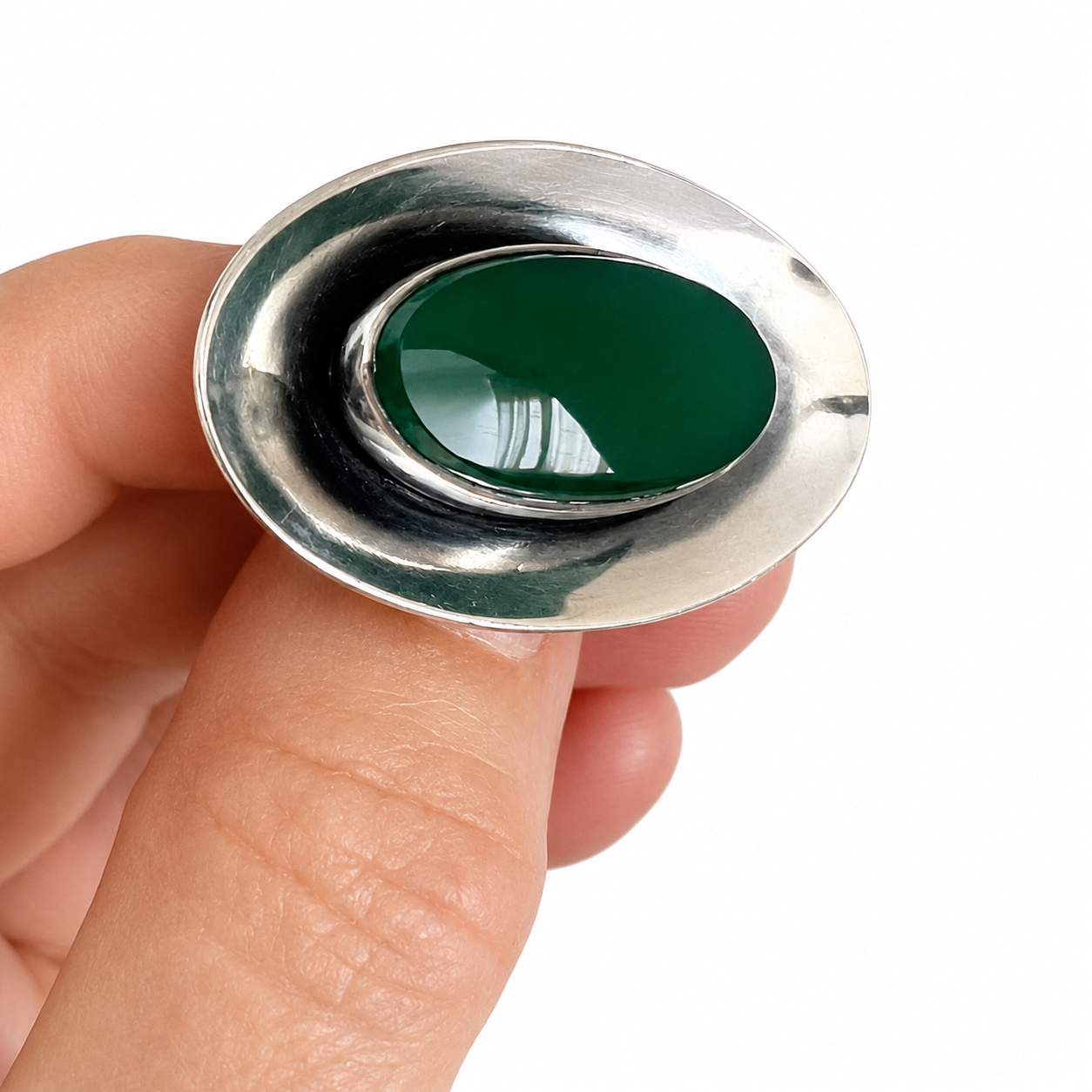 Niels Erik From Chrysoprase Brooch Sterling Silver 925S Danish Scandinavian Modernist Vintage Jewellery