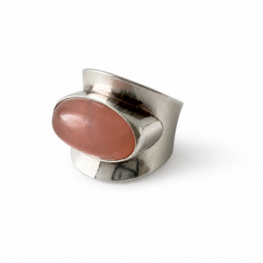 Niels Erik From Sterling Silver Rose Quartz Ring, Danish Modernist Scandinavian Statement Ring