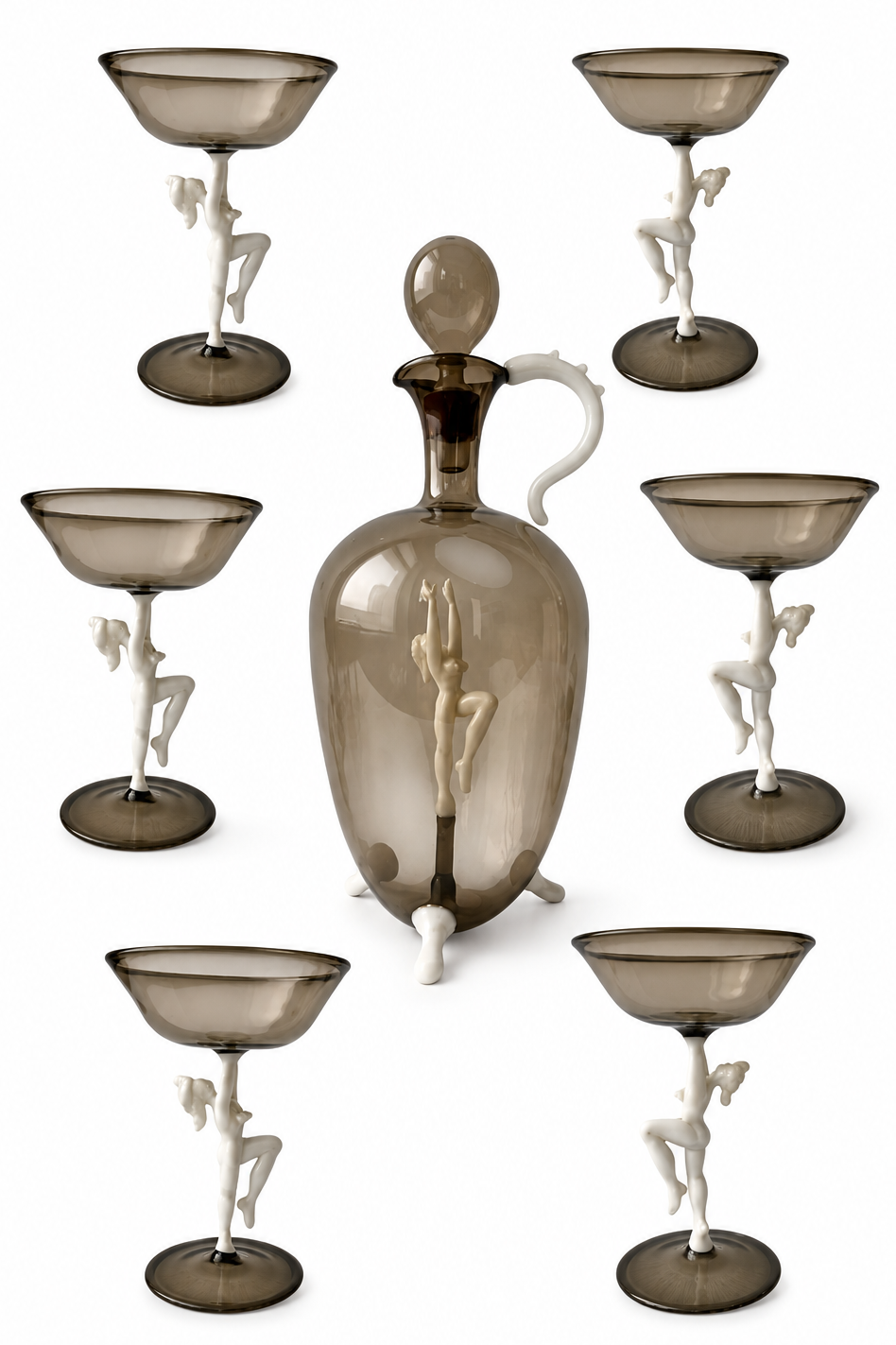 Art Deco Smoky Glass Cordial Set, Attributed Bimini Decanter And Six Figural Stem Glasses, Fritz Lampl, 1920s