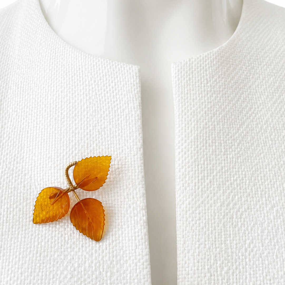 Vintage Baltic Amber Leaves Brooch - Gold Plated Brass Frame, USSR 1980s